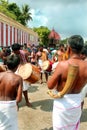 The traditional musicians in the great temple car festival of Thiruvarur with people.